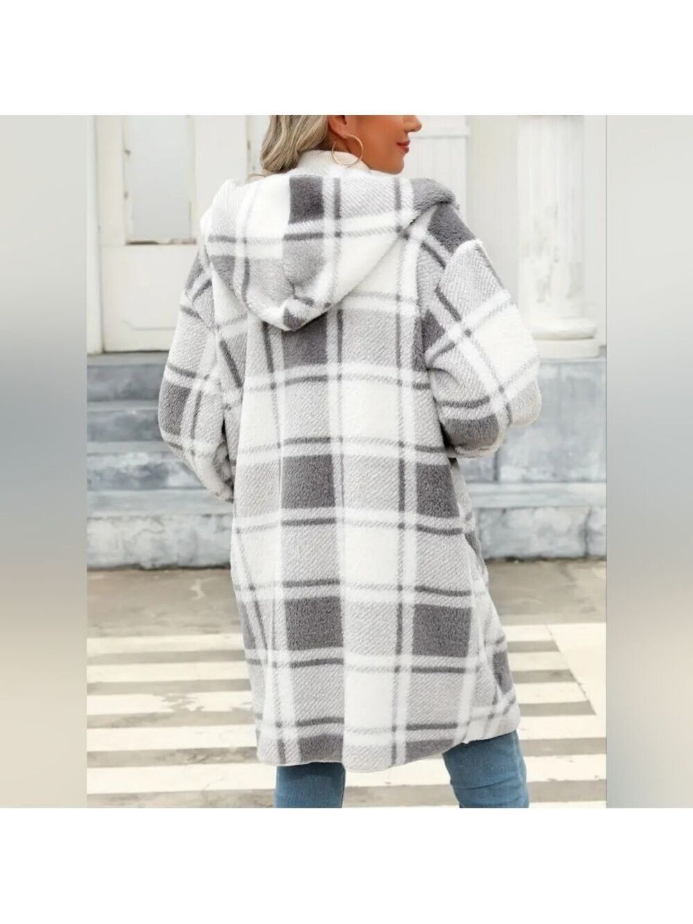 Plaid Open Front Long Cardigan Coat with Hoodie Large NWOT